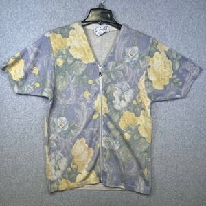 Women's M Floral Zip Front Top Multicolor Short Sleeve Cardigan Blouse